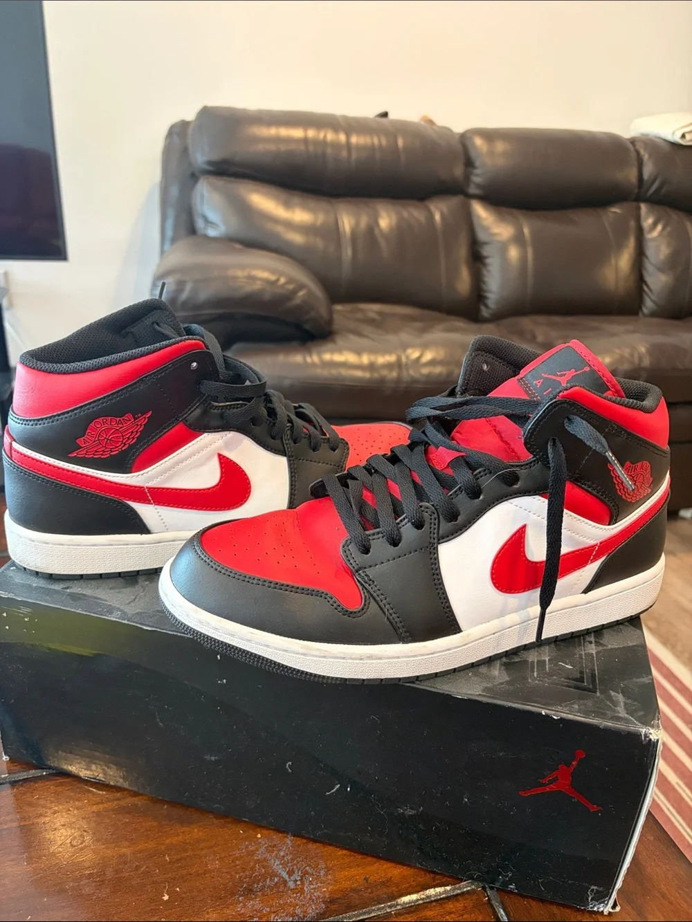 Jordan Men's Mid-Top Sneakers in Red, Black & White